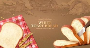anuncio de pan tostado blanco. Ilustración 3d de una hogaza de pan blanco realista cortada con un cuchillo de pan en el fondo grabado de la escena de la elaboración del pan vector