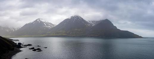 Panoramic view of tall mountains in Iceland along northern Atlantic shore line under cloud cover