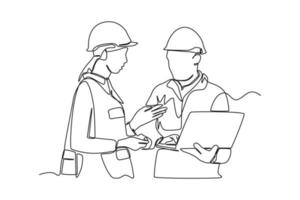 Single one line drawing worker staff discussing and checking shipping order on laptop. Supply chain management concept. Continuous line draw design graphic vector illustration.