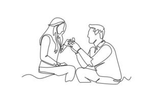 Continuous one line drawing Man makes a proposal while giving an engagement ring in a little box to a woman. Wedding Concept. Single line draw design vector graphic illustration.