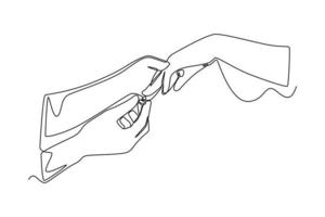 Continuous one line drawing A man's wearing wedding ring on woman's finger at the marriage ceremony. Wedding Concept. Single line draw design vector graphic illustration.