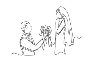 una línea continua dibujando a un hombre de rodillas con flores hace una propuesta para casarse con una mujer hermosa. concepto de boda. ilustración gráfica vectorial de diseño de dibujo de una sola línea. vector