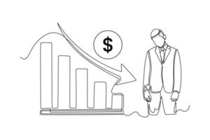 Single one line drawing Disappointed businessman because financial graph arrow is decreasing. Economics and Business Concept. Continuous line draw design graphic vector illustration.