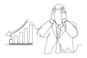Single one line drawing Disappointed businessman because financial graph arrow is decreasing. Economics and Business Concept. Continuous line draw design graphic vector illustration.