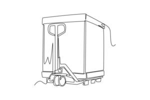 Continuous one line drawing cargo box with hand pallet truck at the warehouse. Cargo Concept. Single line draw design vector graphic illustration.