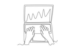 las manos de dibujo de una sola línea se encuentran en un teclado portátil con gráficos en la pantalla. concepto de economía y negocios. ilustración de vector gráfico de diseño de dibujo de línea continua.