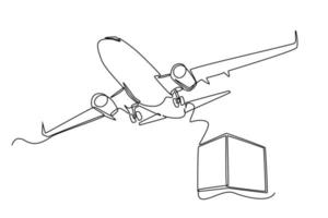 Continuous one line drawing. The plane takes off from the area carrying cardboard boxes. Cargo Concept. Single line draw design vector graphic illustration.