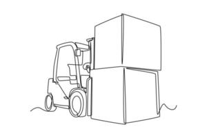 Continuous one line drawing Forklift truck with cargo boxes. Cargo Concept. Single line draw design vector graphic illustration.