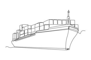 Continuous one line drawing cargo ship with containers in the port. Cargo Concept. Single line draw design vector graphic illustration.