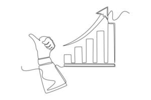 Single one line drawing holding thumbs up with growth chart up . Economics and Business Concept. Continuous line draw design graphic vector illustration.