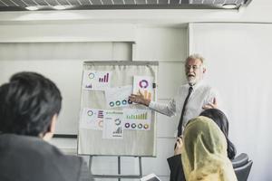 old manager man exploring and pointing to flip chart for young employee