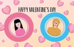 jóvenes adolescentes en círculos de dulces colores. tarjeta de felicitación mínima feliz día de san valentín. decorar con elementos de corazón cortados en papel. ilustración vectorial en marco de papel vector