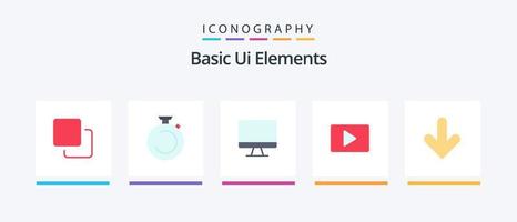 Basic Ui Elements Flat 5 Icon Pack Including arrow. video. watch. paly. hardware. Creative Icons Design vector