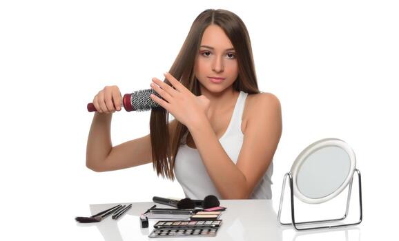 hermosa mujer joven mirarse en el cepillo de espejo cabello moreno largo y saludable foto