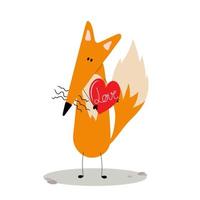 Funny fox with a red heart with the inscription catch in the paws. Design element isolated on white background. vector