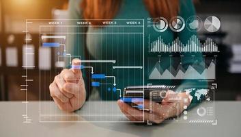 Businessman hand Project manager working and update tasks and Gantt chart scheduling virtual diagram.with smart phone, tablet and laptop in office. photo