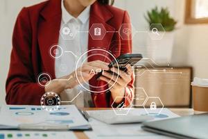 API  Application Programming Interface, woman using laptop, tablet and smartphone with virtual screen API icon Software development tool, modern technology photo
