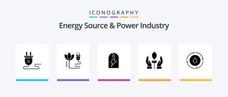 fuente de energía y paquete de iconos de glifo 5 de la industria de energía que incluye energía. mano. enchufar. planta. energía. diseño de iconos creativos vector