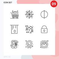 Pictogram Set of 9 Simple Outlines of fishing money donation credit card quality Editable Vector Design Elements