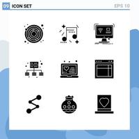 Universal Icon Symbols Group of 9 Modern Solid Glyphs of online laptop computer server business Editable Vector Design Elements