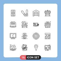 16 User Interface Outline Pack of modern Signs and Symbols of hardware computer structure laptop traffic Editable Vector Design Elements