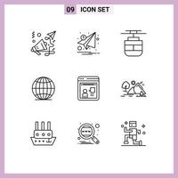 Mobile Interface Outline Set of 9 Pictograms of online world paper globe vehicles Editable Vector Design Elements