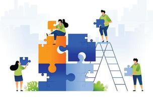 illustration design of teamwork, brainstorming and problem solving. people collaborate to solve puzzles in large puzzles. game in game. can be used for web, website, posters, apps, brochures vector