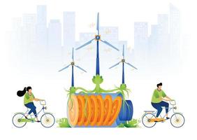 illustration of environmentally friendly energy with low cost and emissions. windmills and vines that bind money batteries and people cycling. can be used for web, website, posters, apps, brochures vector