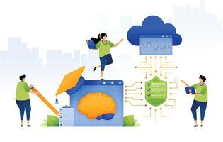 illustration of analyzing student merit with artificial intelligence. ai in education. protected and secure between cloud network and ai system. can be used for web, website, posters, apps, brochures vector