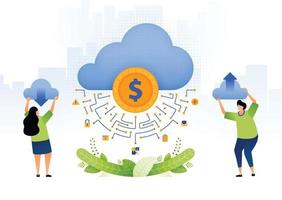 illustration of banking system with cloud. people develop cloud upload and download for transaction, financial, lending, investment activities. can be used for web, website, posters, apps, brochures vector