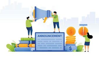 design illustration of tuition reduction announcement with merit educational scholarship program. students holding megaphones and broken coins. can be used for web, website, posters, apps, brochures vector