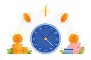 diseño de ilustración de gestión financiera y banca. hora de ahorrar. montones de monedas vuelan a la alcancía. ahorro e inversión. se puede utilizar para web, sitio web, carteles, aplicaciones, folletos vector