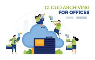 illustration of office people accessing archived data, papers or company documents stored on network cloud server to make it easier for file organizers. can use for ad, poster, campaign, website, apps vector