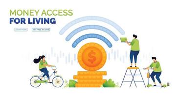 illustration of coins having a wifi signal, for the financial and banking sectors accessible to everyone. pile of coins for investment return and interest. can use for ad, poster, campaign, apps vector