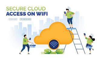 Illustration of people in urban areas accessing internet 4.0 connected to the cloud for daily activities such as shopping, working, studying and having fun. can use for ad, poster, campaign, apps vector