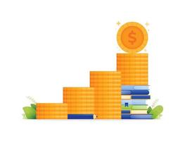 design illustration of merit education scholarship funding program. coins stacked in row chart with pile of books at the top. can be used for web, website, posters, apps, brochures vector