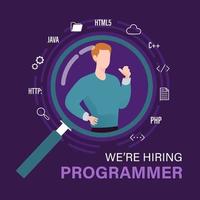 We are hiring programmer. Job vacancy template with magnifying glass searching people illustration vector