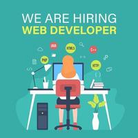 Web developer job vacancy template with woman programmer working on computer illustration vector