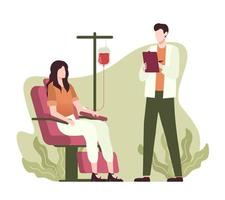 Woman sitting in medical chair donating her blood. Blood donation concept vector