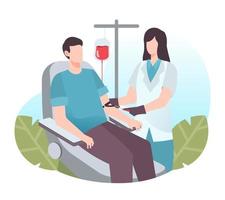 Man sitting in medical chair donating his blood. Blood donation concept vector