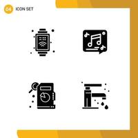 Mobile Interface Solid Glyph Set of 4 Pictograms of hand watch statistical analysis chat music faucet Editable Vector Design Elements