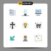 Mobile Interface Flat Color Set of 9 Pictograms of idea concept internet bulb christian Editable Vector Design Elements