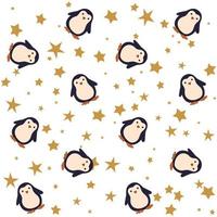 Seamless background with penguins and gold stars on white. Wrapping paper, pattern vector