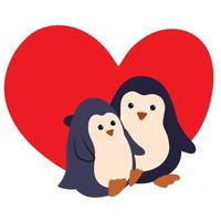 Two penguins, he and she, on the background of a red heart, sit in an embrace on a white background. Design element, logo, picture vector