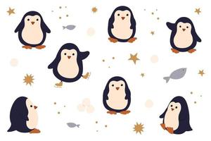 Set of funny baby penguins with elements stars, dots, snowballs, fish, skates on white background. Stikers vector