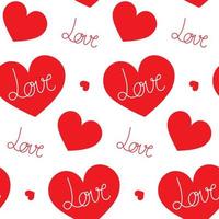 Seamless pattern with red hearts and text love on a white background. Wrapping paper for valentine's day, wedding vector