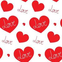 Seamless pattern with red hearts and text love on a white background. Wrapping paper for valentine's day, wedding vector