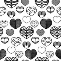 Abstract seamless pattern with ornamental hearts. Ink doodle illustration, coloring book. Black and white background. vector