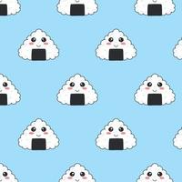 Seamless pattern with onigiri in kawaii style. Sushi in kawaii style. Cute cartoon onigiri with a face. Vector illustration.