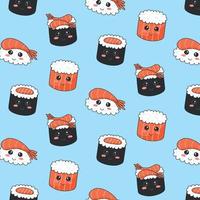 Seamless pattern with sushi in kawaii style. Sushi in kawaii style. Cute cartoon face rolls. Vector illustration.